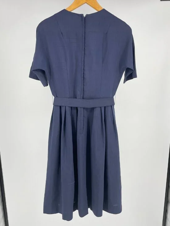 Vintage 60s Blue Fit & Flare Midi Dress Union Made Metal Zipper Retro S/M - Picture 3 of 10